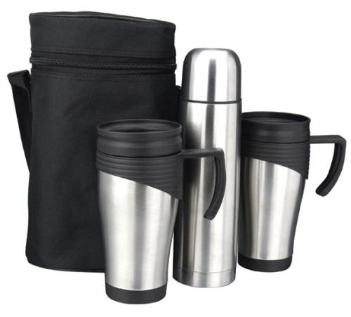 1 x 500ml S/S vacuum flask,2 x 400ml trabel mugs